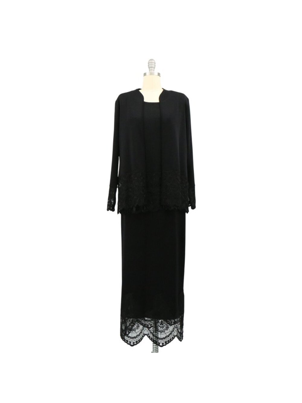 Misook 3Pc. Jacket Top Skirt Outfit Set Black Floral Lace Applique Trim M L